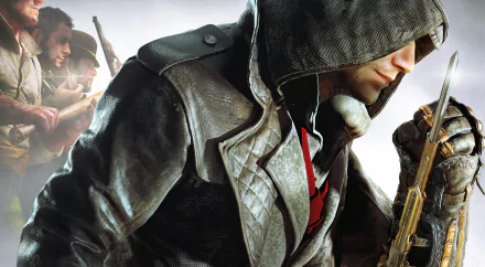 Close-up of Jacob Frye from Assassin's Creed: Syndicate, featuring his signature hooded attire and weaponry, set against a backdrop of other characters in high-definition detail.