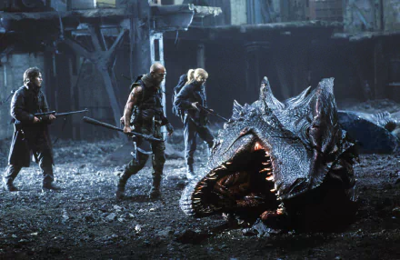 HD desktop wallpaper from the movie Reign of Fire featuring Izabella Scorupco, Christian Bale, and Matthew McConaughey confronting a dragon in a dark, ruined setting.