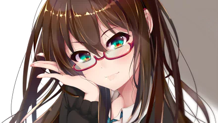 HD desktop wallpaper featuring Rin Shibuya from anime series The iDOLM@STER Cinderella Girls. She has long brown hair, wears glasses, and poses with her hand near her face, showcasing a serene expression.