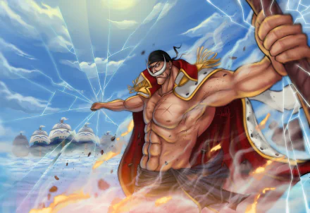 An HD desktop wallpaper featuring Edward Newgate from the anime One Piece. The powerful character is depicted in a dynamic pose amidst an intense battle scene with ships in the background.