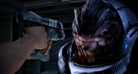 HD desktop wallpaper of Grunt from Mass Effect, featuring a close-up with a gun foregrounded.