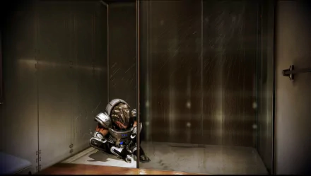 HD wallpaper of Grunt from Mass Effect, seated pensively in a shower, enhancing the desktop background for fans of the game.