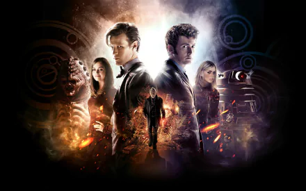 An HD PC desktop wallpaper featuring characters from the TV show Doctor Who (2005), showcasing iconic figures set against a dramatic backdrop of light and action.