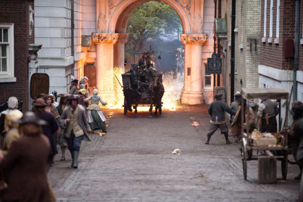 4K Ultra HD image from Pirates of the Caribbean: On Stranger Tides featuring a dramatic street scene with a horse-drawn carriage and period characters in action.