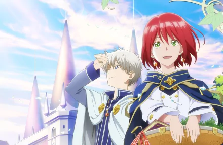 HD desktop wallpaper featuring Zen Wistalia Clarines and Shirayuki from the anime Snow White with the Red Hair. They stand happily in front of a castle with a bright, blue sky in the background.