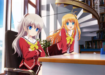 HD desktop wallpaper featuring anime characters Nao Tomori and Yusa Kurobane from Charlotte, posing in a room with a spiral staircase in the background.