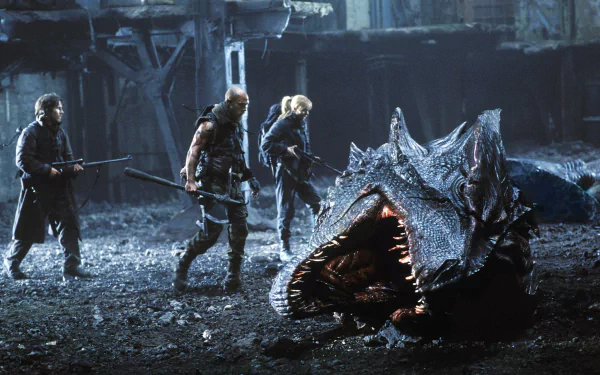 HD desktop wallpaper from the movie Reign of Fire featuring Izabella Scorupco, Christian Bale, and Matthew McConaughey confronting a dragon in a dark, ruined setting.