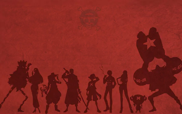 Silhouettes of Tony Tony Chopper, Franky, Nami, Sanji, Monkey D. Luffy, Roronoa Zoro, Usopp, Nico Robin, and Brook from One Piece on a red background. HD anime wallpaper.