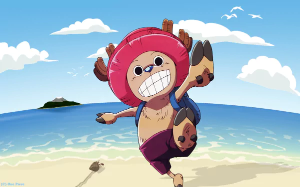A vibrant HD wallpaper featuring Tony Tony Chopper from the anime One Piece, joyfully running along a beach with clear skies and gentle waves in the background.