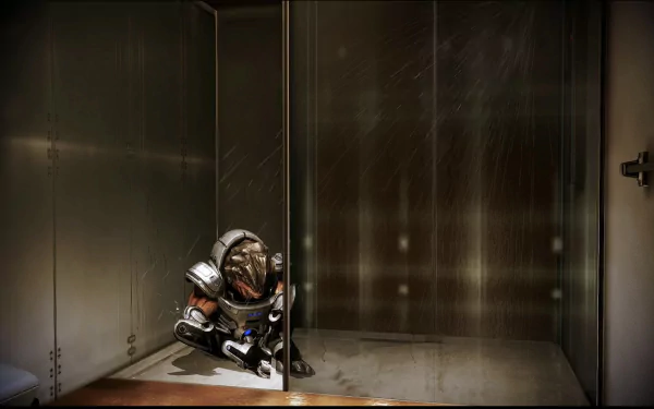 HD wallpaper of Grunt from Mass Effect, seated pensively in a shower, enhancing the desktop background for fans of the game.