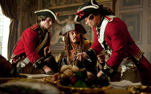 Johnny Depp as Jack Sparrow in a scene from Pirates of the Caribbean: On Stranger Tides, featured in a 4K Ultra HD PC desktop wallpaper and background.