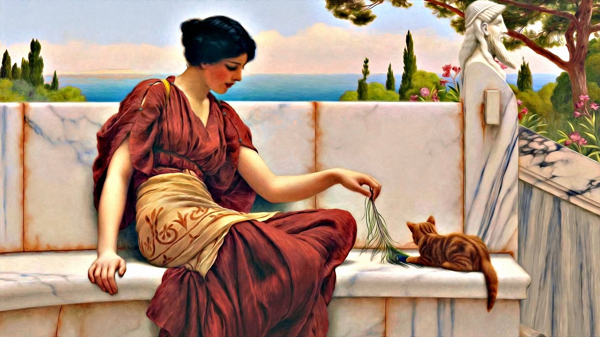 An elegant woman in a flowing dress sits on a marble bench, playfully interacting with a cat against a serene backdrop of greenery and water, creating an artistic HD PC desktop wallpaper.
