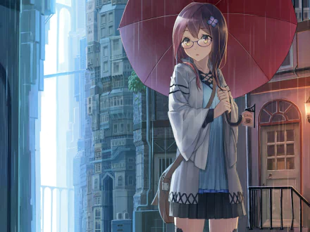 A girl with long brown hair and yellow eyes holds an umbrella in the rain, wearing glasses and a stylish outfit, set against a detailed urban backdrop in this vibrant anime wallpaper.