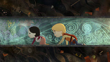 HD desktop wallpaper of Song of the Sea featuring the animated characters Ben and Saoirse amid mystical patterns.