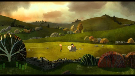 HD desktop wallpaper from Song of the Sea featuring characters in a stylized pastoral landscape at dusk.
