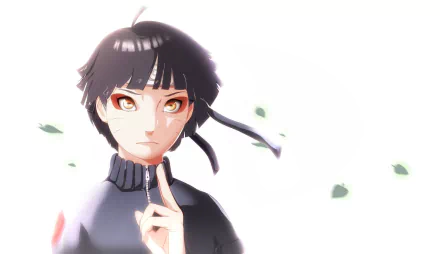 An HD desktop wallpaper of Himawari Uzumaki from Boruto: Naruto the Movie. The anime character stands against a light background with scattered leaves.