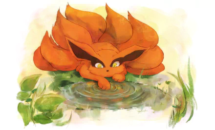 HD desktop wallpaper featuring Kurama (Kyūbi) from Naruto, resting by a water's edge with lush greenery surrounding him.