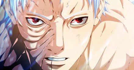 Close-up of Obito Uchiha from the anime Naruto, showcasing intense expression with striking red eyes and a determined look. High-definition desktop wallpaper background.