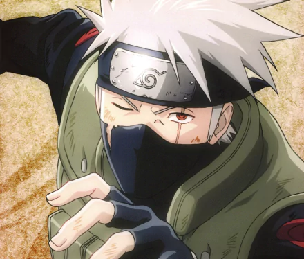 HD desktop wallpaper featuring Kakashi Hatake from the anime Naruto, showcasing his iconic silver hair, forehead protector, and Sharingan eye against a textured background.