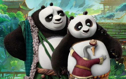 HD desktop wallpaper featuring Po from Kung Fu Panda 3 in an embrace with another panda, set against a serene, lush background from the movie.