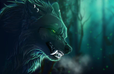 HD fantasy wallpaper featuring a wolf with glowing green eyes in a mystical, dimly lit forest background.