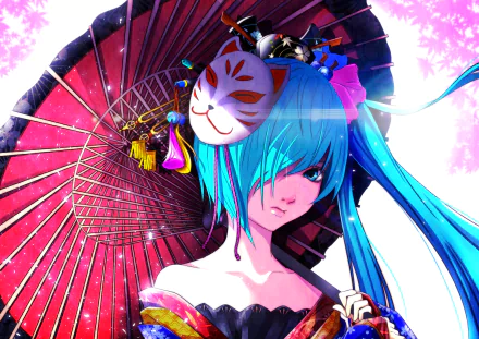 HD desktop wallpaper featuring Hatsune Miku from Vocaloid anime, with blue hair and a traditional Japanese parasol and mask in the background.