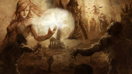 HD Diablo III desktop wallpaper featuring the Wizard character casting a powerful spell amidst a dark, battle-ravaged landscape from the video game Diablo III.