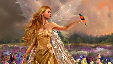A fantasy-themed HD desktop wallpaper featuring a fairy with ethereal wings holding a colorful parrot, standing in a vibrant field of flowers under a dramatic sky.