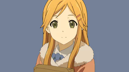Anime character Yui Kiriyama from Kokoro Connect, featuring her cheerful expression and signature long blonde hair, set against a simple blue background as an HD desktop wallpaper.