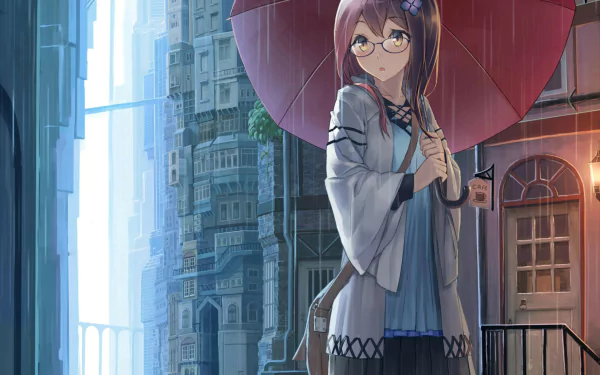 A girl with long brown hair and yellow eyes holds an umbrella in the rain, wearing glasses and a stylish outfit, set against a detailed urban backdrop in this vibrant anime wallpaper.