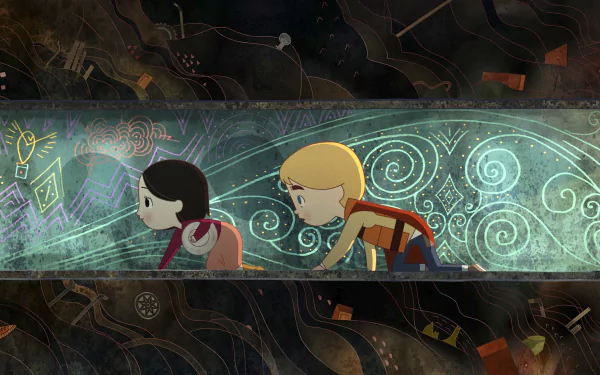 HD desktop wallpaper of Song of the Sea featuring the animated characters Ben and Saoirse amid mystical patterns.