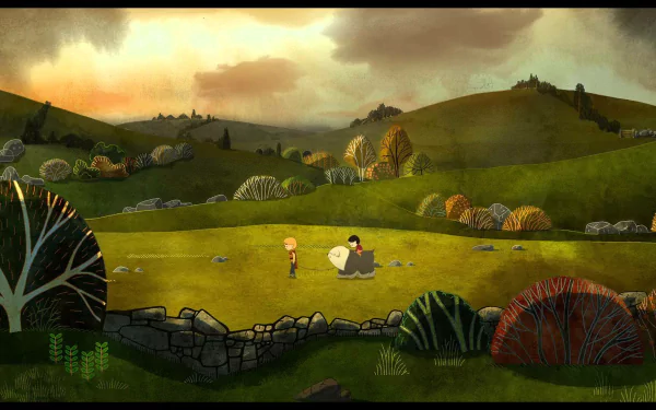 HD desktop wallpaper from Song of the Sea featuring characters in a stylized pastoral landscape at dusk.