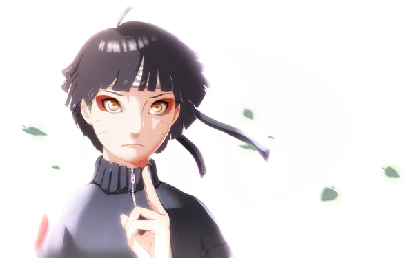 An HD desktop wallpaper of Himawari Uzumaki from Boruto: Naruto the Movie. The anime character stands against a light background with scattered leaves.