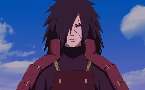 HD desktop wallpaper featuring Madara Uchiha from the anime Naruto, standing against a blue sky with clouds.