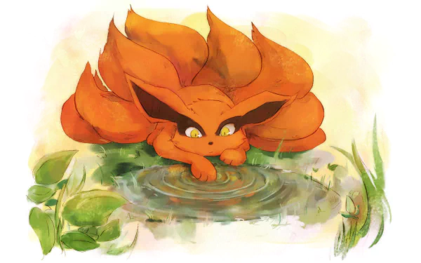 HD desktop wallpaper featuring Kurama (Kyūbi) from Naruto, resting by a water's edge with lush greenery surrounding him.