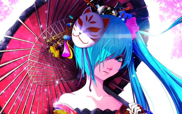 HD desktop wallpaper featuring Hatsune Miku from Vocaloid anime, with blue hair and a traditional Japanese parasol and mask in the background.