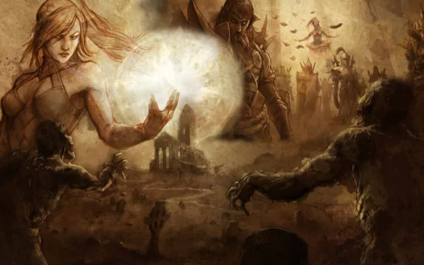 HD Diablo III desktop wallpaper featuring the Wizard character casting a powerful spell amidst a dark, battle-ravaged landscape from the video game Diablo III.