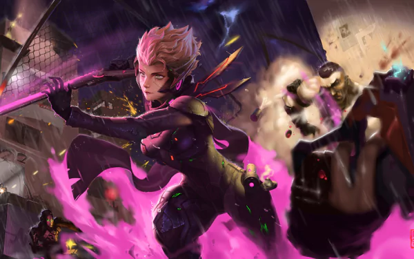 HD PC desktop wallpaper featuring Fiora from the video game League of Legends, showcasing dynamic action with vibrant colors and intense energy.