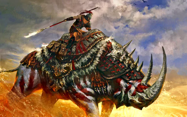 HD desktop wallpaper from the video game Age of Conan, featuring a warrior wielding a spear atop a fierce, armored beast in a dramatic, stormy landscape.