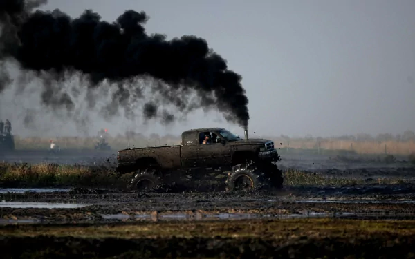 A mud-covered Dodge Ram monster truck drives through a muddy landscape, releasing black smoke, showcasing its power and ruggedness in a dynamic HD wallpaper setting.