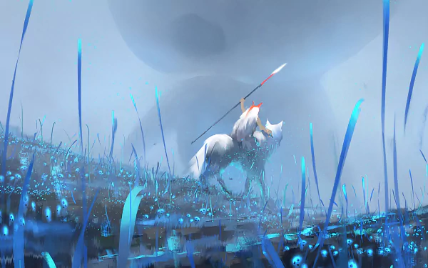 HD desktop wallpaper of Princess Mononoke, featuring a serene and mystical landscape with a character riding a white wolf, surrounded by glowing blue flora.