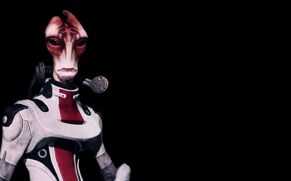 HD wallpaper featuring Mordin Solus from Mass Effect 2, posing against a dark background.