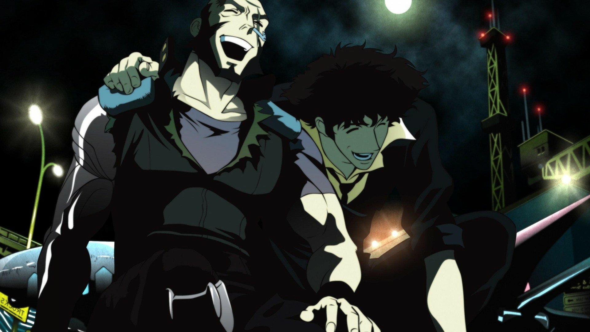 HD PC desktop wallpaper of Cowboy Bebop: Spike Spiegel and Jet Black laughing under a moonlit sky with city lights and radio towers.