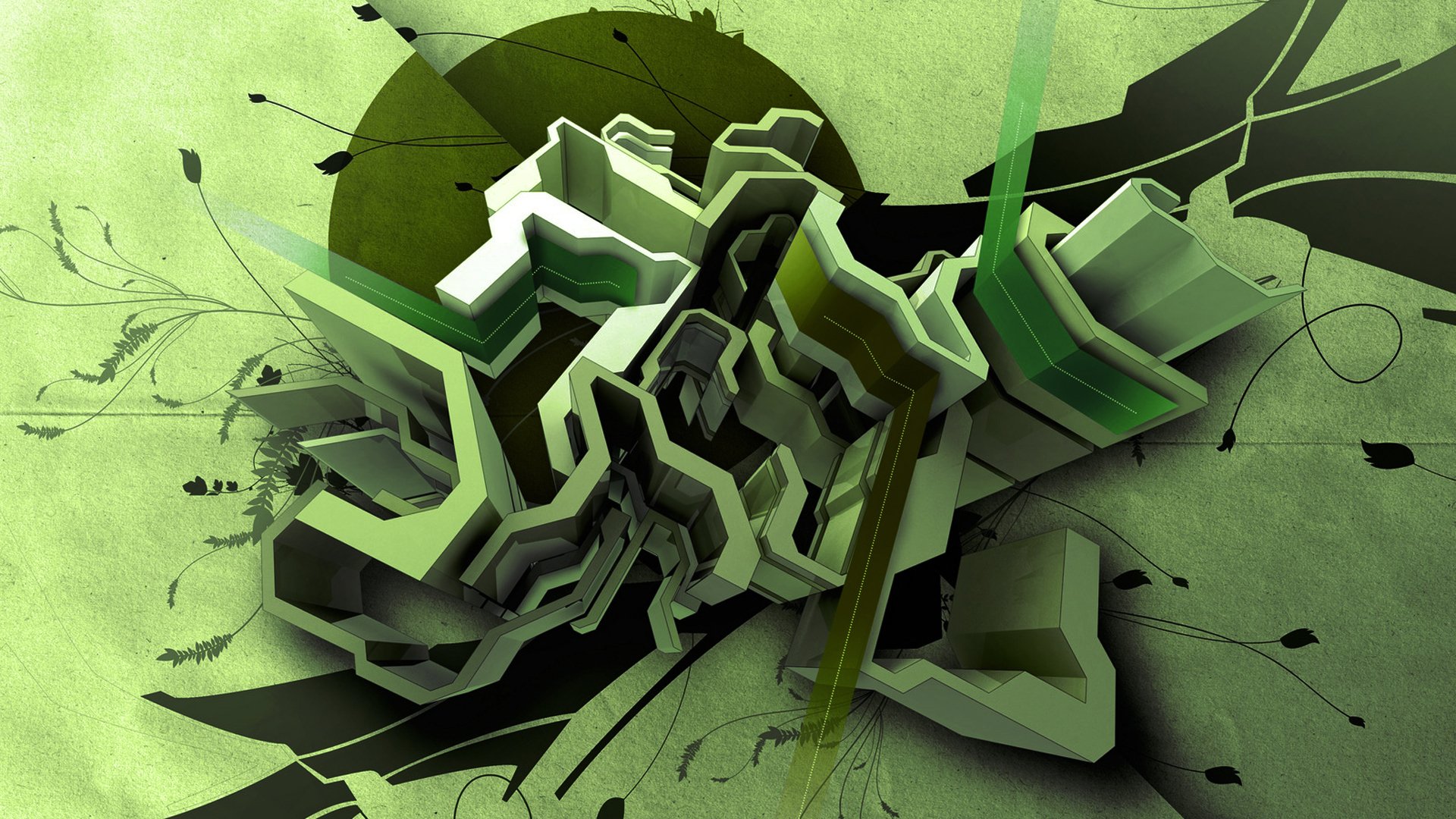 Abstract 3D CGI artwork in shades of green features intricate geometric shapes and flowing lines, creating a dynamic and artistic HD desktop wallpaper background.