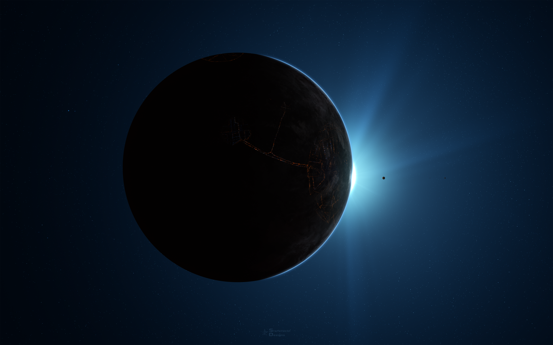 A captivating sci-fi scene of a dark planet silhouetted against a glowing horizon, featuring radiant sunlight breaking through, designed as a 4K Ultra HD desktop wallpaper.