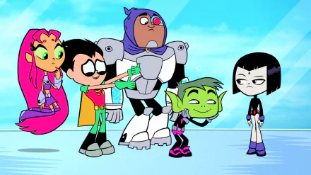 HD desktop wallpaper of Teen Titans Go! featuring Garfield Logan (Beast Boy), Dick Grayson (Robin), Cyborg, Starfire, and Raven, showcasing a colorful and vibrant cartoon scene.