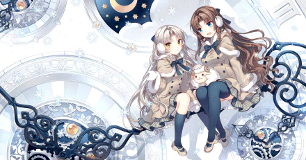 HD anime desktop wallpaper featuring two original characters in stylish outfits, sitting together against a detailed celestial and mechanical background.