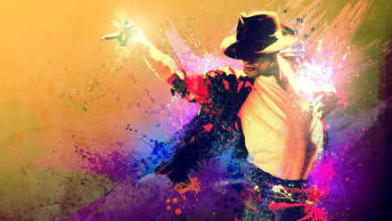 A vibrant HD desktop wallpaper featuring Michael Jackson, captured mid-performance with colorful splashes of paint, celebrating his iconic music and style.