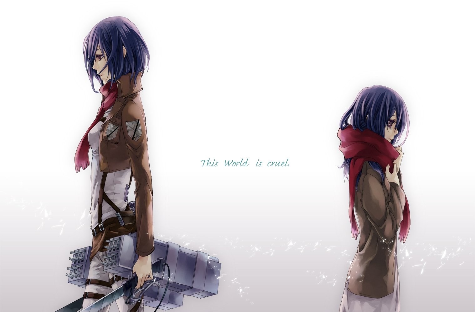 Mikasa Ackerman stands confidently in this HD anime wallpaper from Attack on Titan, featuring her iconic look and a poignant phrase, this world is cruel.