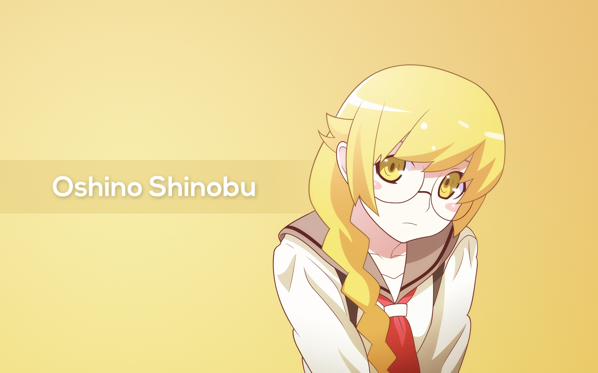 Shinobu Oshino from the Monogatari Series: Second Season is depicted with blonde hair and yellow eyes, wearing glasses against a soft yellow background.